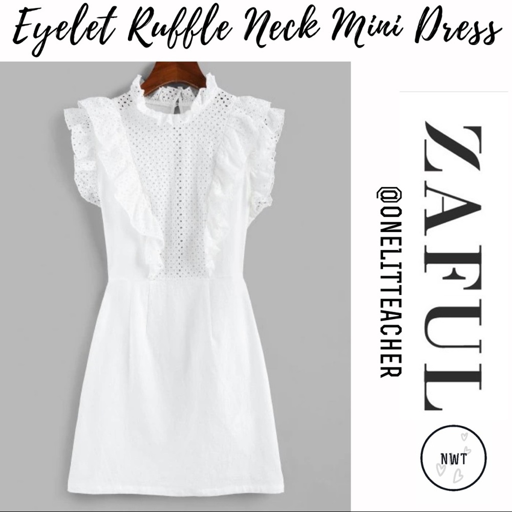 NWT Zaful Eyelet Ruffle Neck Mini Dress